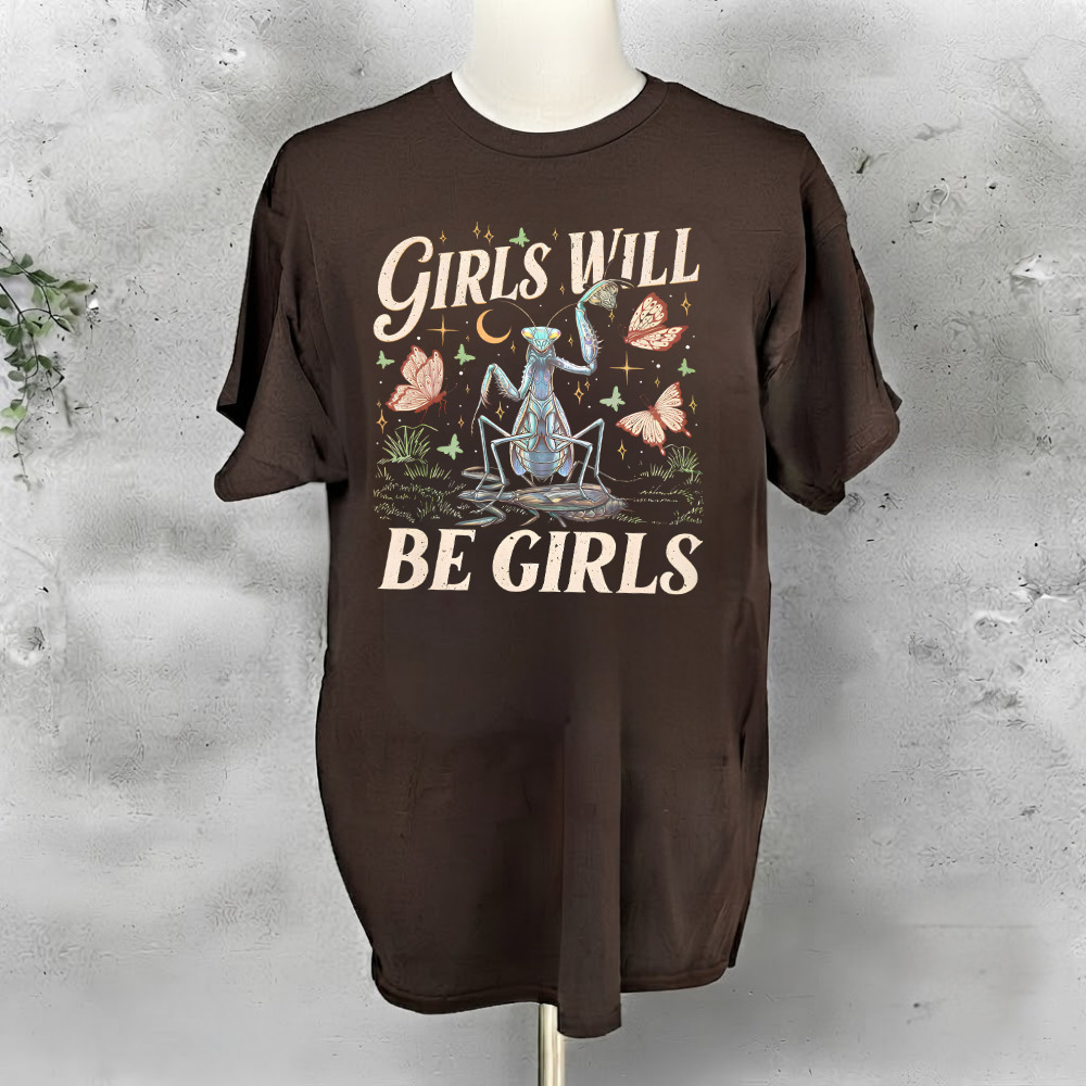 Girls Will Be Girls Praying Mantis Butterflies Vintage Brown T-Shirt